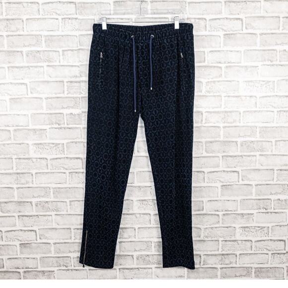 MR TURK Men's Size 32 Navy Blue Drawstring Pants Geo Print terry ankle Zip - Picture 1 of 8